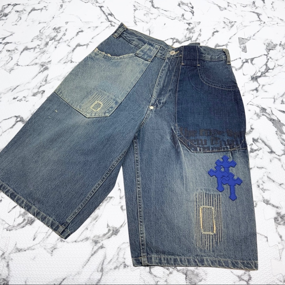 Men's Makaveli Mid Blue Cross Denim Shorts